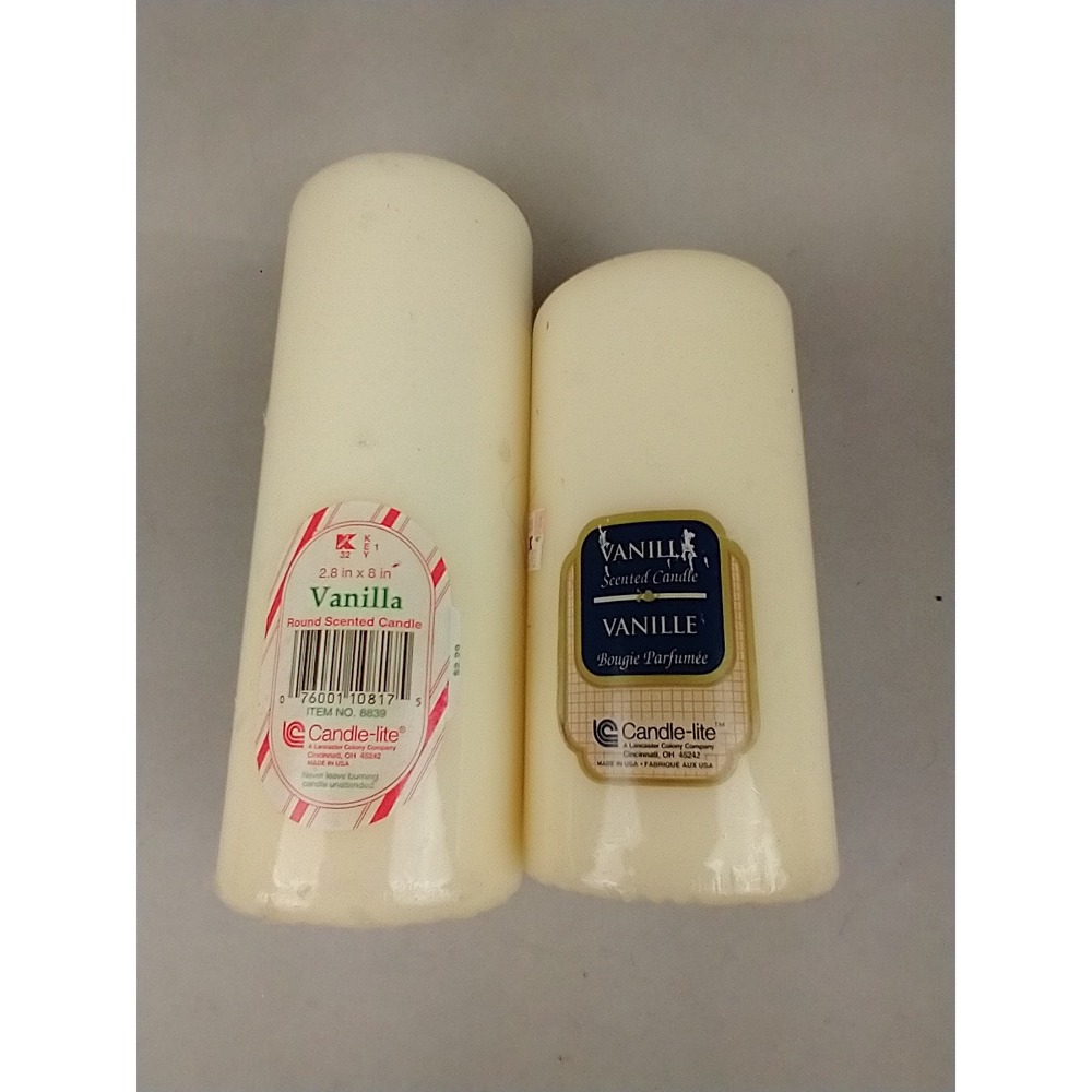 Candle-lite Vanilla Scented Pillar Candles Set of 2 Cream Round 8" and 6" USA
